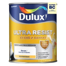 Краска моющаяся Dulux Ultra Resist кухня и ванная база BС бесцветная 0,9 л Краска моющаяся Dulux Ultra Resist кухня и ванная база BС бесцветная 0,9 л